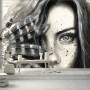 Monochrome Portrait Girl with Black Feathers Wallpaper Mural