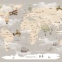 Beige Kids World Map with Hot Air Balloon Wallpaper Mural