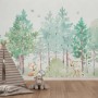 Watercolor Green Forest and Cute Fox,Hedhehog and Elk Wallpaper Mural