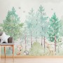 Watercolor Green Forest and Cute Fox,Hedhehog and Elk Wallpaper Mural