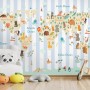 Kids Animals World Map with Stripe Pattern Wallpaper Mural