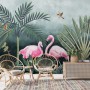 Pink Flamingo with Vintage Forest Wallpaper Mural