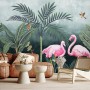 Pink Flamingo with Vintage Forest Wallpaper Mural