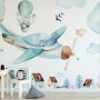 Watercolor Cartoon Village and Airplane Wallpaper Mural