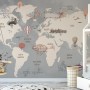Vintage Kids World Map with Aircraft and Hot Air Balloon Wallpaper Mural