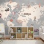 Vintage Kids World Map with Aircraft and Hot Air Balloon Wallpaper Mural