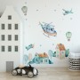 Kids Cartoon Village for Boys Watercolor Aircraft and Hot Air Balloon Wall Decal Sticker