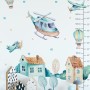 Kids Cartoon Village for Boys Watercolor Aircraft and Hot Air Balloon Wall Decal Sticker