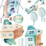 Kids Cartoon Village for Boys Watercolor Aircraft and Hot Air Balloon Wall Decal Sticker