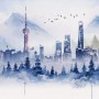 Watercolor Skyscraper Landscape Wallpaper Mural