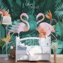 Coral and Pink Flamingo with Tropical Leafy Wallpaper Mural