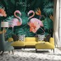 Coral and Pink Flamingo with Tropical Leafy Wallpaper Mural