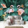 Coral and Pink Flamingo with Tropical Leafy Wallpaper Mural