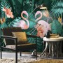 Coral and Pink Flamingo with Tropical Leafy Wallpaper Mural