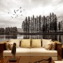 Monochrome Dark Forest and Lake Wallpaper Mural