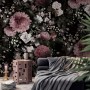 Dark Floral  Pink Chrysanthemum and Green Leaves Wallpaper Mural