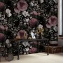 Dark Floral  Pink Chrysanthemum and Green Leaves Wallpaper Mural