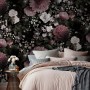 Dark Floral  Pink Chrysanthemum and Green Leaves Wallpaper Mural