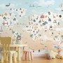 Kids Pink World Map with Cute Animals and Little Balloons Wallpaper Mural