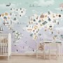 Kids Pink World Map with Cute Animals and Little Balloons Wallpaper Mural