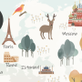 Kids Pink World Map with Cute Animals and Little Balloons Wallpaper Mural