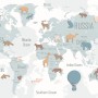 Kids Blue Political World Map with Colorful Animal Silhouette Wallpaper Mural