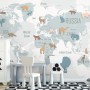Kids Blue Political World Map with Colorful Animal Silhouette Wallpaper Mural