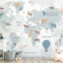 Kids Blue Political World Map with Colorful Animal Silhouette Wallpaper Mural