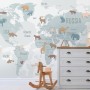 Kids Blue Political World Map with Colorful Animal Silhouette Wallpaper Mural