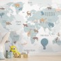 Kids Blue Political World Map with Colorful Animal Silhouette Wallpaper Mural