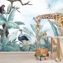 Kids Safari Animals with Fresh Tropical Leaves Wallpaper Mural