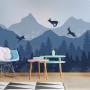 Monochrome Dark Blue Snowy Forest with Horned Deer Silhouette for Kids Nursery Wallpaper Mural