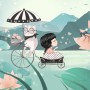 Cute Little Girl with Cat and Pink Lotus Cartoon Wallpaper Mural for Girls Room