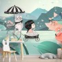 Cute Little Girl with Cat and Pink Lotus Cartoon Wallpaper Mural for Girls Room