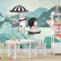 Cute Little Girl with Cat and Pink Lotus Cartoon Wallpaper Mural for Girls Room