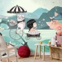 Cute Little Girl with Cat and Pink Lotus Cartoon Wallpaper Mural for Girls Room
