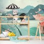 Cute Little Girl with Cat and Pink Lotus Cartoon Wallpaper Mural for Girls Room
