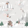 Cute Animals Playing Skate on the Snowy Mountain with Hot Air Balloon Wallpaper Mural