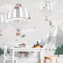 Cute Animals Playing Skate on the Snowy Mountain with Hot Air Balloon Wallpaper Mural