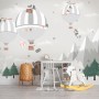 Cute Animals Playing Skate on the Snowy Mountain with Hot Air Balloon Wallpaper Mural