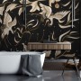 Dark Crane Birds and Brown Retro Florals Wallpaper Mural