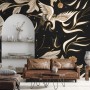 Dark Crane Birds and Brown Retro Florals Wallpaper Mural