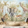 Watercolor Safari Animals in Forest Wallpaper Mural