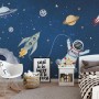 Kids Watercolor Space with Spaceship and Astronaut Wallpaper Mural