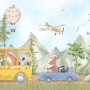 Kids Cute Watercolor Animals in the Bus Wallpaper Mural