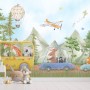 Kids Cute Watercolor Animals in the Bus Wallpaper Mural