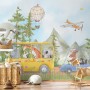 Kids Cute Watercolor Animals in the Bus Wallpaper Mural