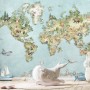Watercolor Kids World Map with Soft Animals Wallpaper Mural