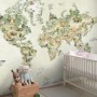 Watercolor Kids World Map with Soft Animals Wallpaper Mural