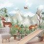 Cute Forest Animals with Kids Mountain Landscape Wallpaper Mural